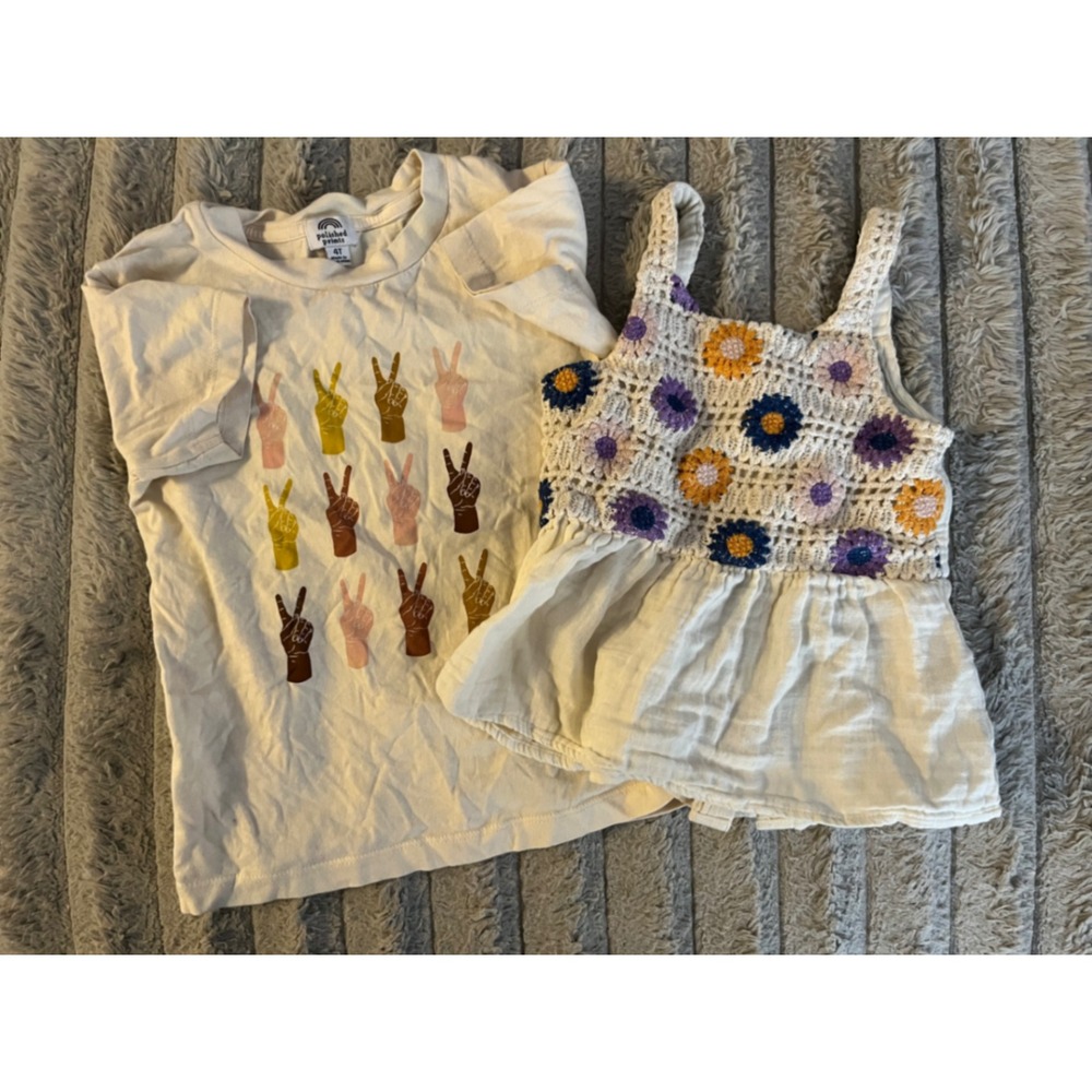 Bundle Zara Kids Crochet Floral Top & Polished Prints Peace Sign Tee 4T 4-5Y